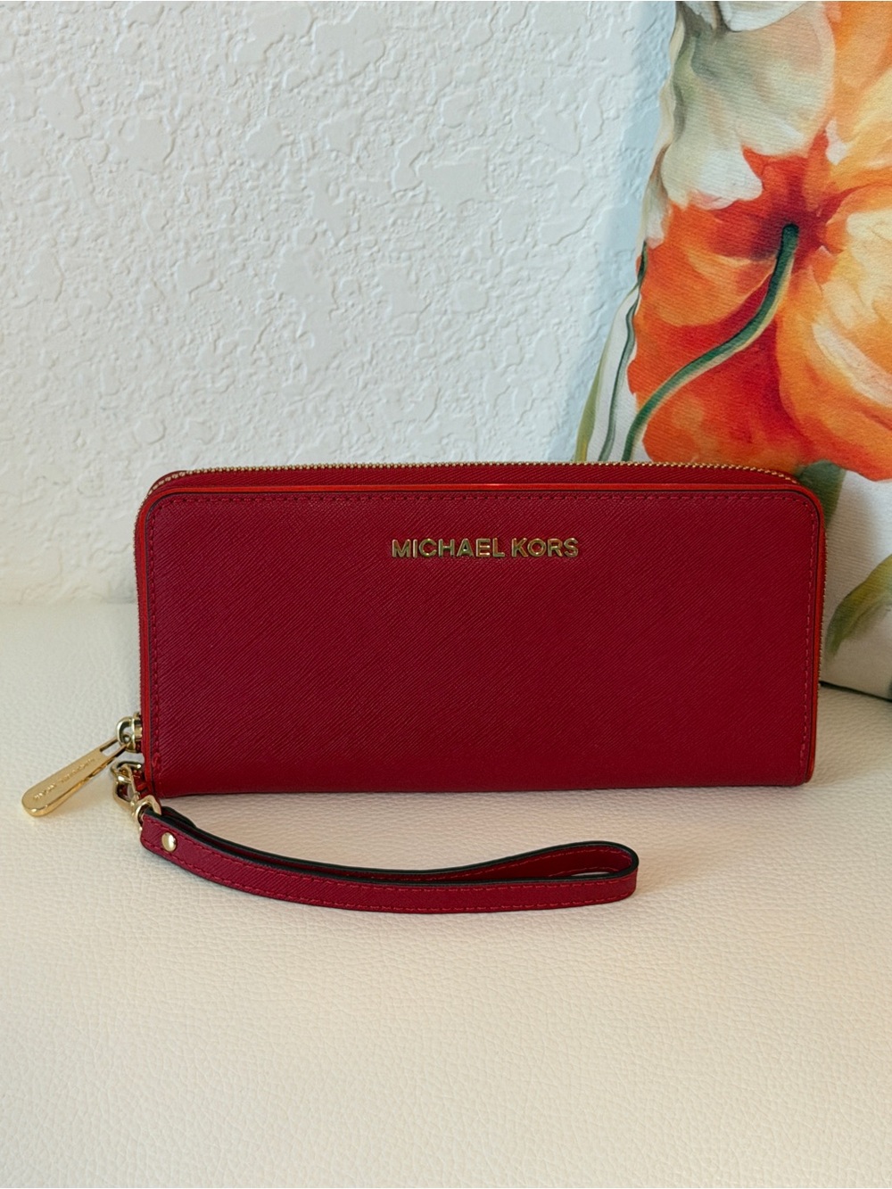 Michael Kors Red Saffiano Zip-Around Wristlet Wallet with Gold Hardware